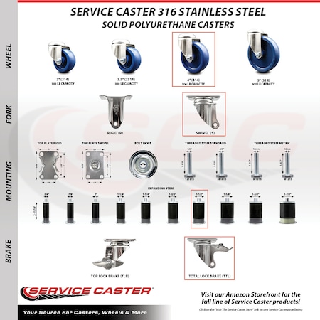 Service Caster 4 Inch 316SS Solid Poly Swivel 1-1/2 Inch Expanding Stem Caster Set Lock Brake SCC-SS316TTLEX20S414-SPUS-112-4